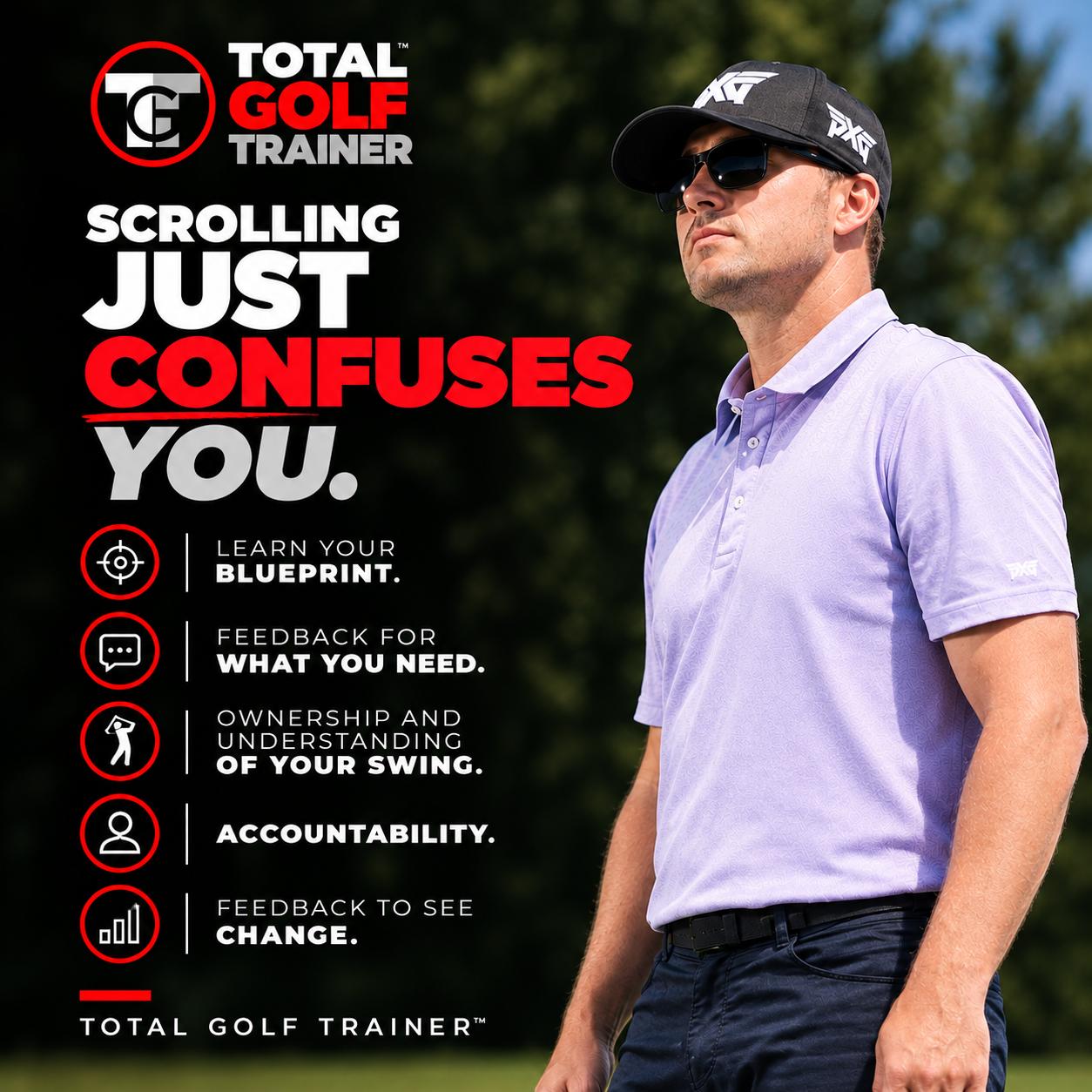 Scrolling just confuses you. Learn your blueprint, get feedback, own your swing, stay accountable, and see change.